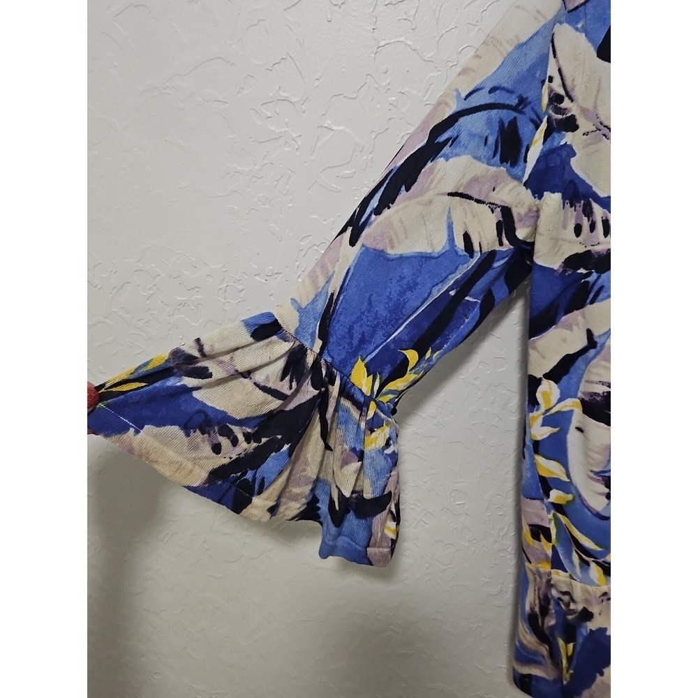 Chicos Sz 1 Floral Ruffle Cardigan Tropical Resort Wear Boho Bell Sleeve - Picture 2 of 9
